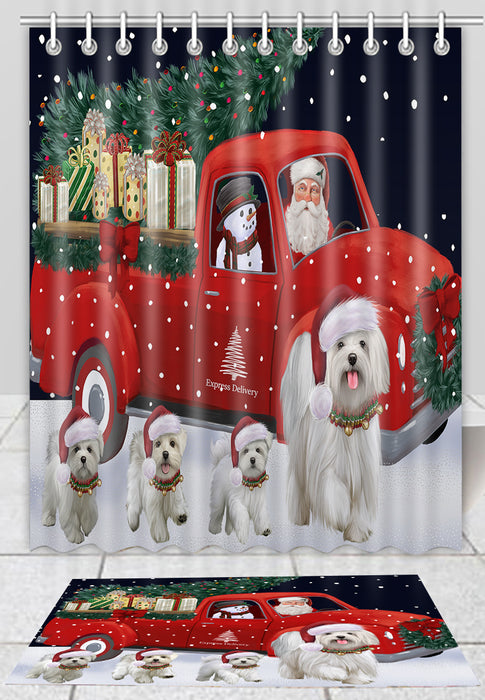 Christmas Express Delivery Red Truck Running Maltese Dogs Bath Mat and Shower Curtain Combo