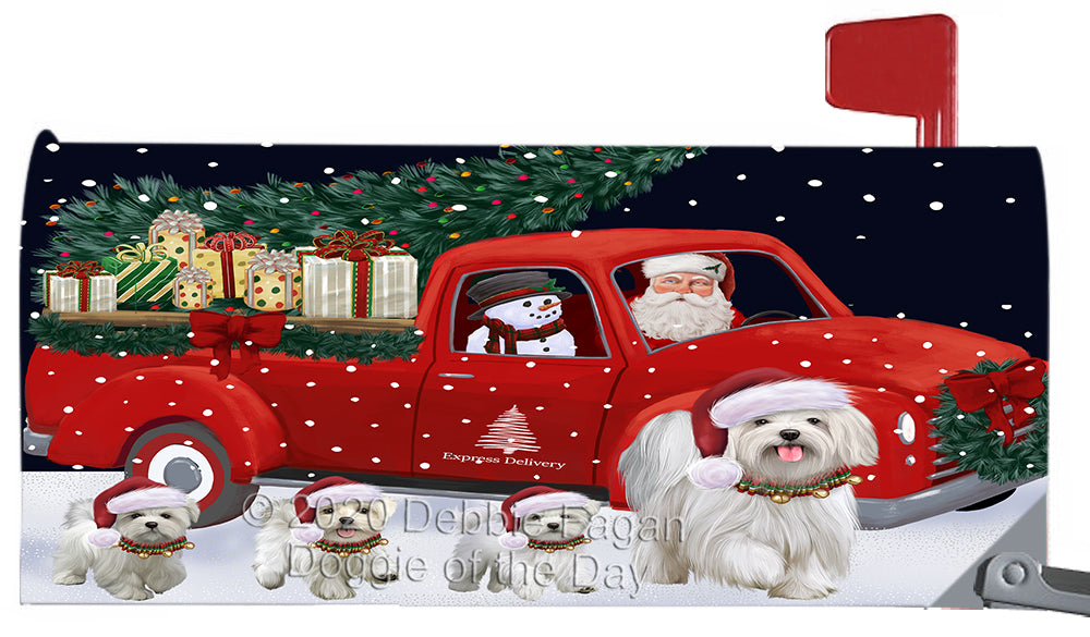 Christmas Express Delivery Red Truck Running Maltese Dog Magnetic Mailbox Cover Both Sides Pet Theme Printed Decorative Letter Box Wrap Case Postbox Thick Magnetic Vinyl Material