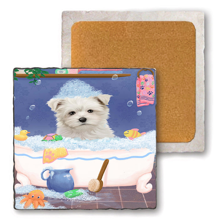 Rub A Dub Dog In A Tub Maltese Dog Set of 4 Natural Stone Marble Tile Coasters MCST52397