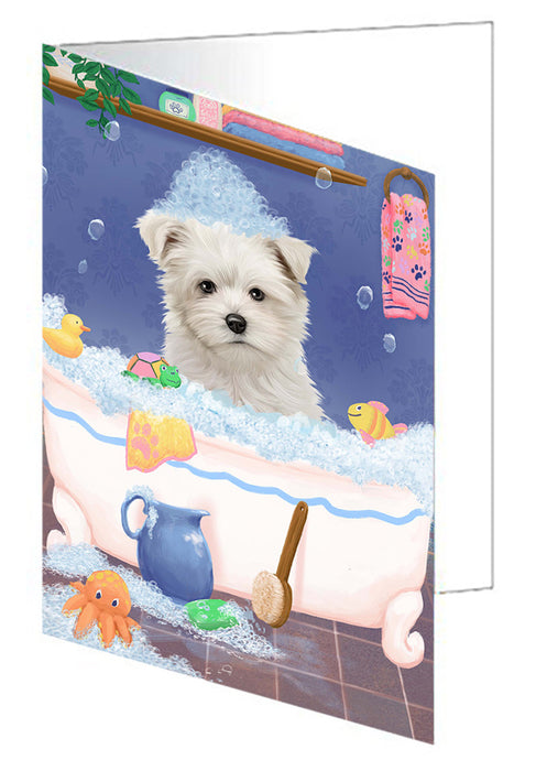 Rub A Dub Dog In A Tub Maltese Dog Handmade Artwork Assorted Pets Greeting Cards and Note Cards with Envelopes for All Occasions and Holiday Seasons GCD79505