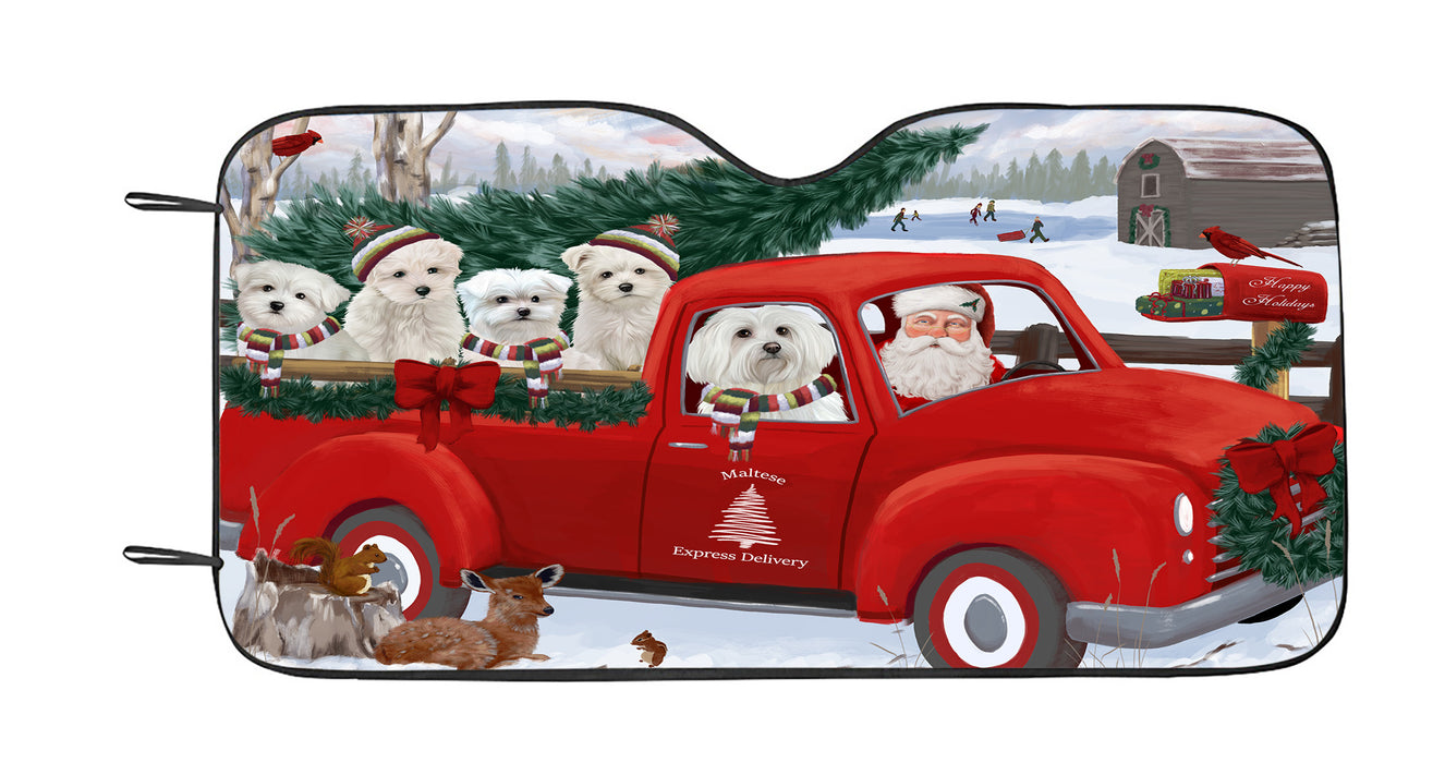 Christmas Santa Express Delivery Red Truck Maltese Dogs Car Sun Shade