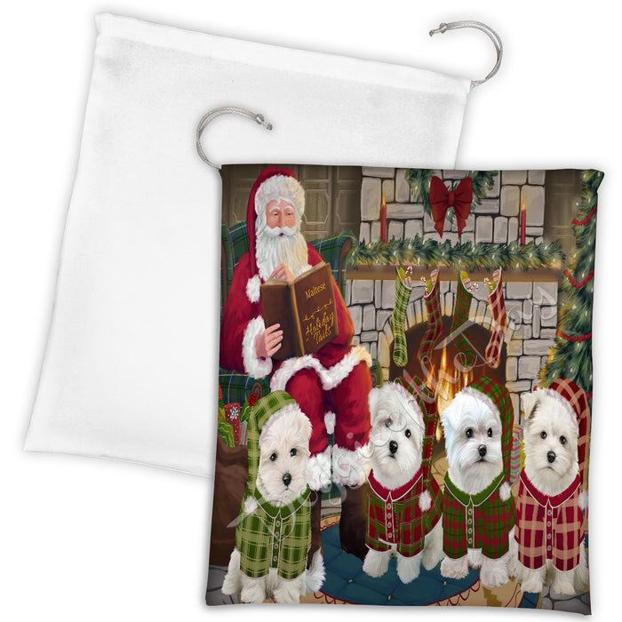 Christmas Cozy Holiday Fire Tails Maltese Dogs Drawstring Laundry or Gift Bag LGB48516