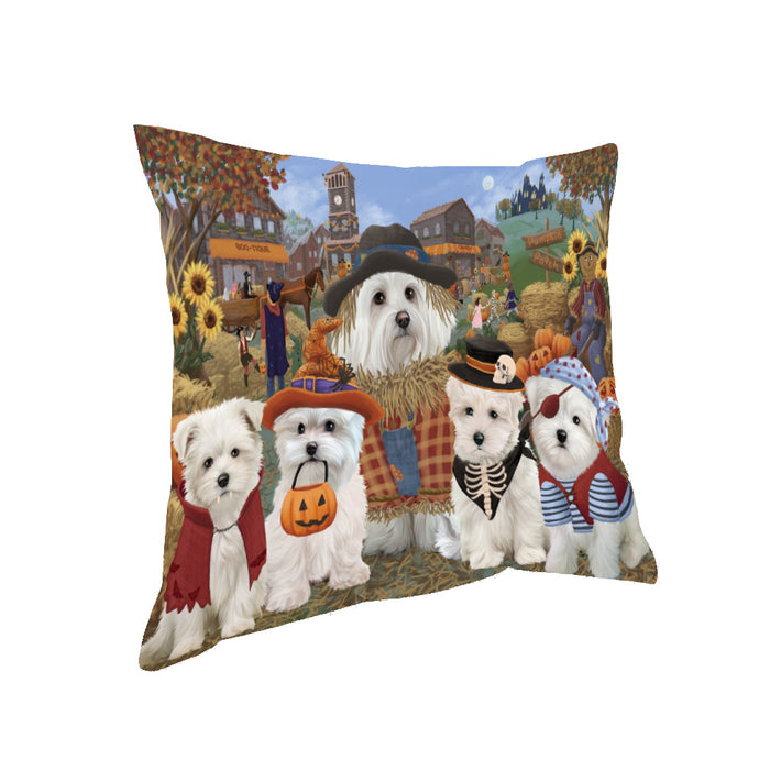 Halloween 'Round Town And Fall Pumpkin Scarecrow Both Maltese Dogs Pillow PIL82440