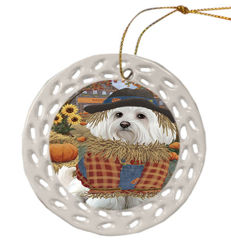 Fall Pumpkin Scarecrow Maltese Dogs Ceramic Doily Ornament DPOR57571