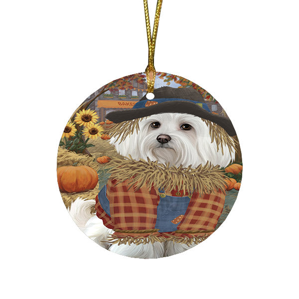 Halloween 'Round Town And Fall Pumpkin Scarecrow Both Maltese Dogs Round Flat Christmas Ornament RFPOR57475