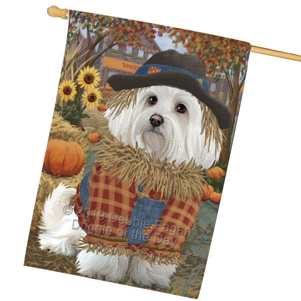 Halloween 'Round Town And Fall Pumpkin Scarecrow Both Maltese Dogs House Flag FLG65727
