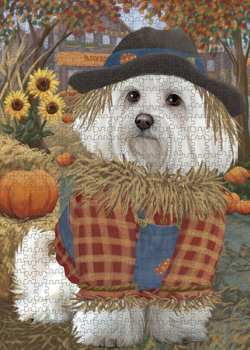 Halloween 'Round Town And Fall Pumpkin Scarecrow Both Maltese Dogs Puzzle with Photo Tin PUZL96592