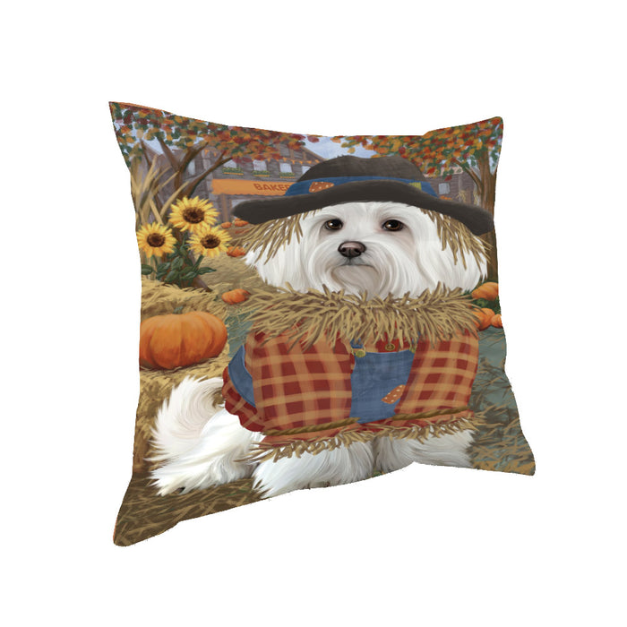 Halloween 'Round Town And Fall Pumpkin Scarecrow Both Maltese Dogs Pillow PIL82684