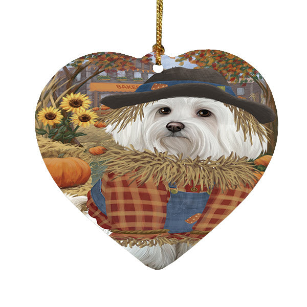 Fall Pumpkin Scarecrow Maltese Dogs Heart Christmas Ornament HPOR57571