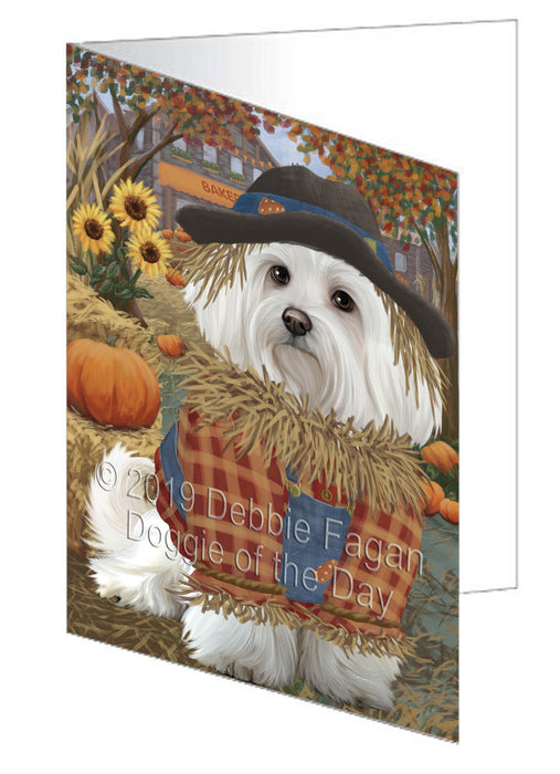 Fall Pumpkin Scarecrow Maltese Dog Handmade Artwork Assorted Pets Greeting Cards and Note Cards with Envelopes for All Occasions and Holiday Seasons GCD78059