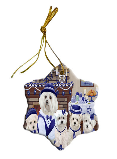 Happy Hanukkah Family Maltese Dogs Star Porcelain Ornament SPOR57632
