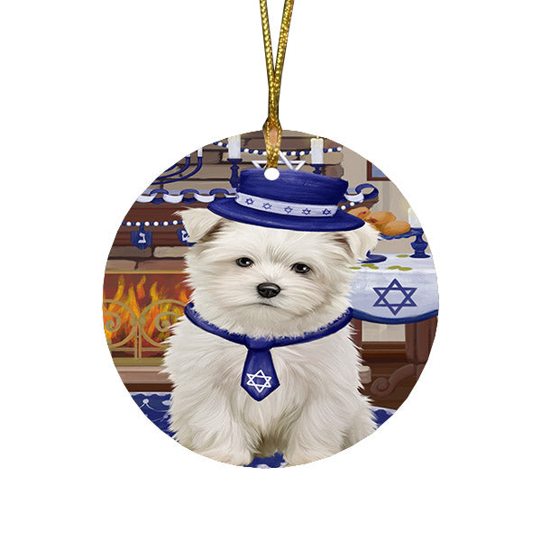 Happy Hanukkah Family and Happy Hanukkah Both Maltese Dog Round Flat Christmas Ornament RFPOR57592