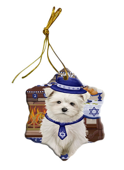 Happy Hanukkah Maltese Dog Star Porcelain Ornament SPOR57688