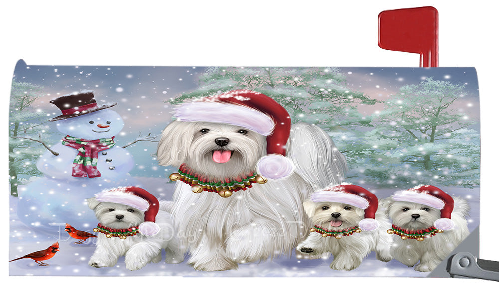 Christmas Running Family Maltese Dogs Magnetic Mailbox Cover Both Sides Pet Theme Printed Decorative Letter Box Wrap Case Postbox Thick Magnetic Vinyl Material