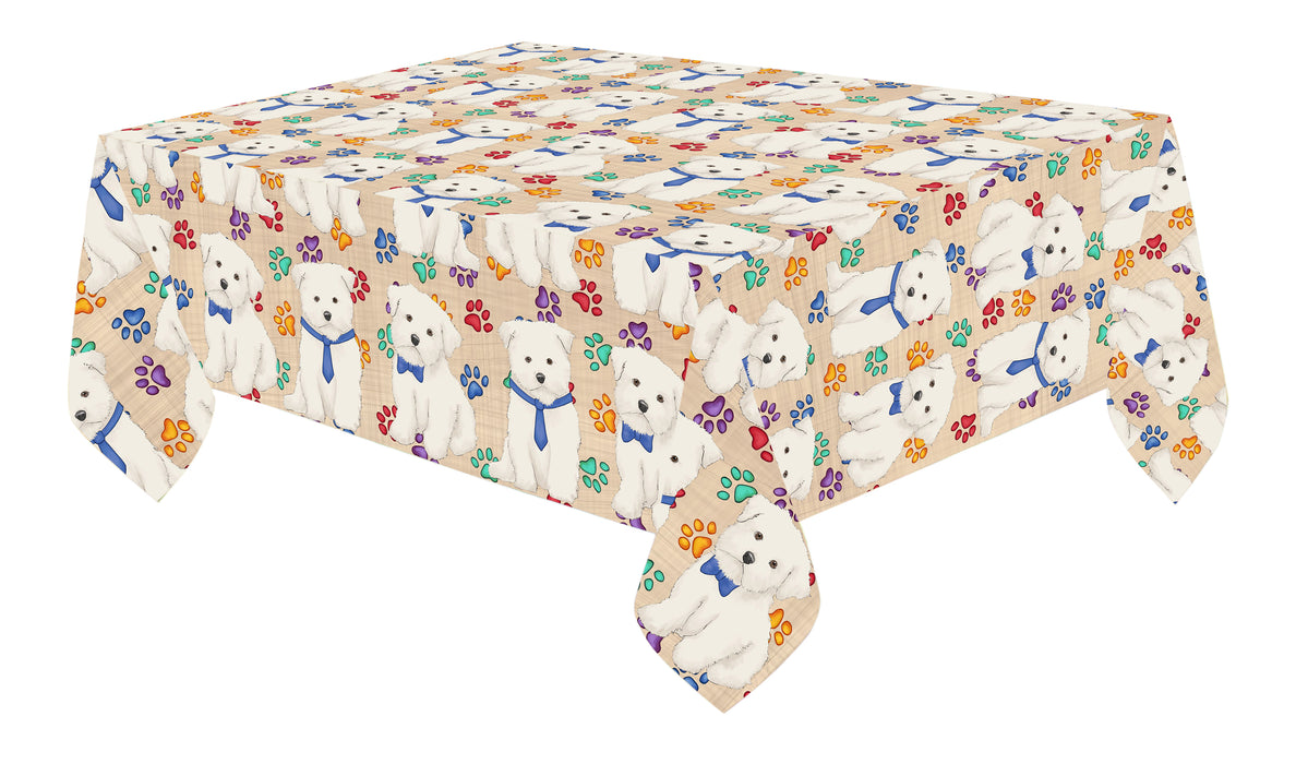 Rainbow Paw Print Maltese Dogs Blue Cotton Linen Tablecloth
