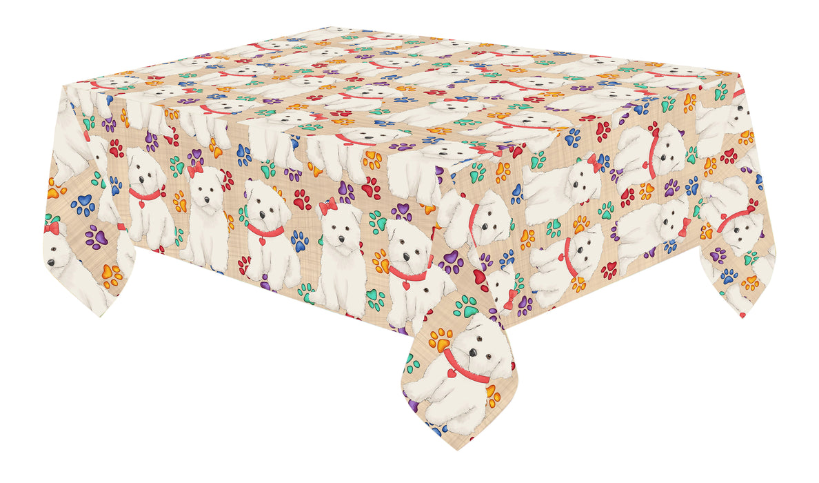 Rainbow Paw Print Maltese Dogs Red Cotton Linen Tablecloth