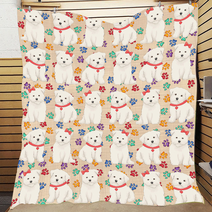 Rainbow Paw Print Maltese Dogs Red Quilt