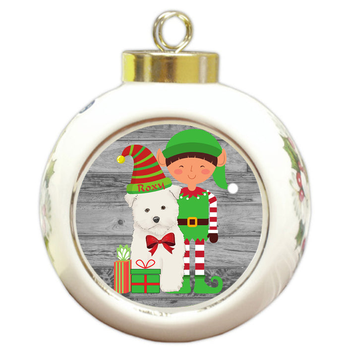 Custom Personalized Maltese Dog Elfie and Presents Christmas Round Ball Ornament