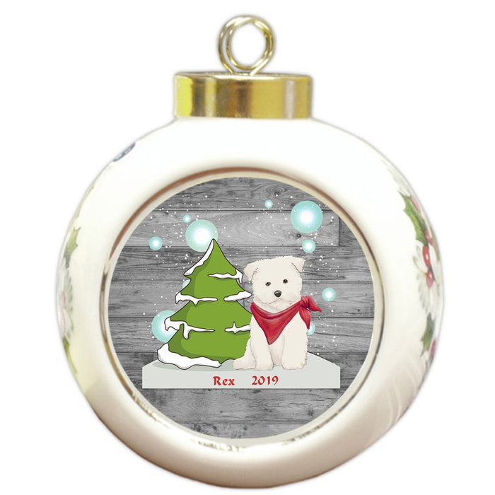 Custom Personalized Winter Scenic Tree and Presents Maltese Dog Christmas Round Ball Ornament