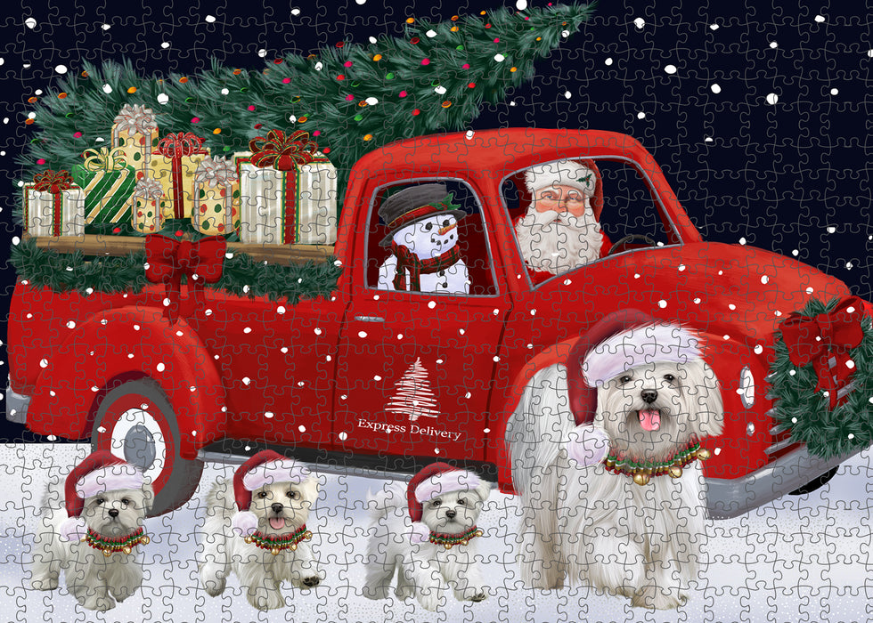 Christmas Express Delivery Red Truck Running Maltese Dogs Puzzle with Photo Tin PUZL99732