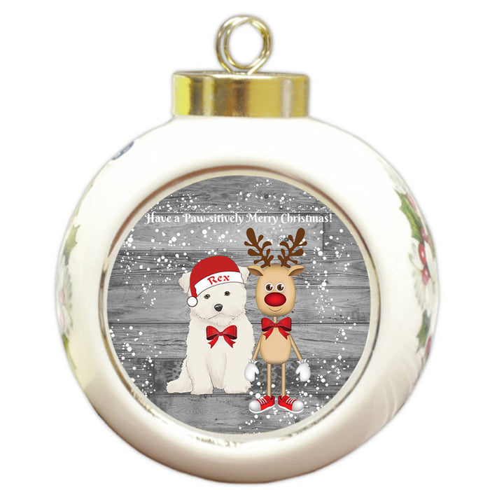 Custom Personalized Maltese Dog Reindeer and Pooch Christmas Round Ball Ornament