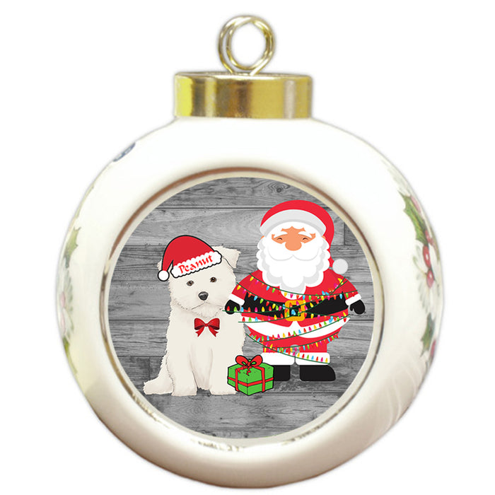 Custom Personalized Maltese Dog With Santa Wrapped in Light Christmas Round Ball Ornament