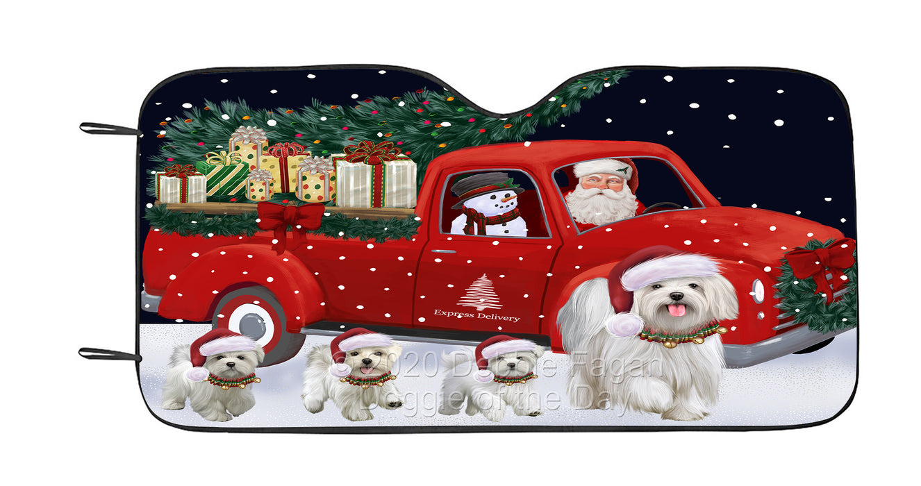 Christmas Express Delivery Red Truck Running Maltese Dog Car Sun Shade Cover Curtain