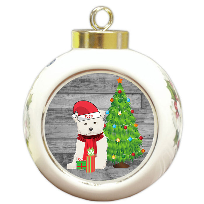 Custom Personalized Maltese Dog With Tree and Presents Christmas Round Ball Ornament