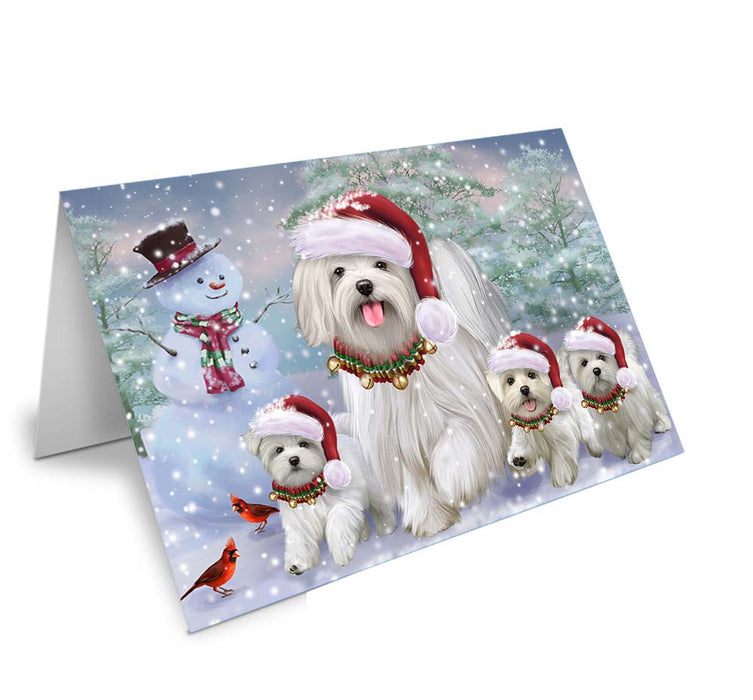Christmas Running Family Malteses Dog Handmade Artwork Assorted Pets Greeting Cards and Note Cards with Envelopes for All Occasions and Holiday Seasons GCD70925