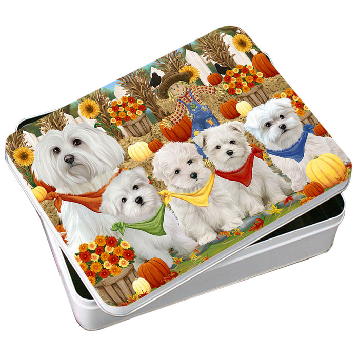 Fall Festive Gathering Malteses Dog with Pumpkins Photo Storage Tin PITN50651