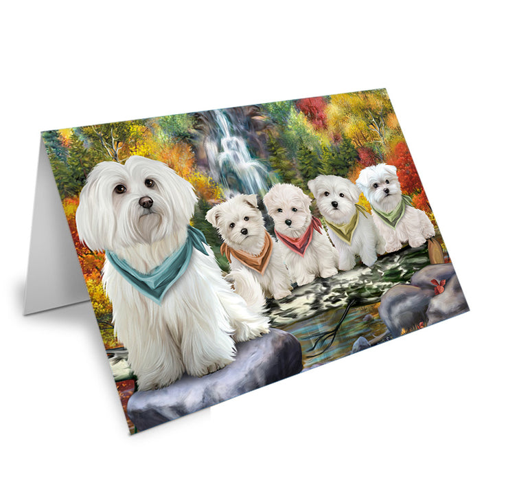 Scenic Waterfall Malteses Dog Handmade Artwork Assorted Pets Greeting Cards and Note Cards with Envelopes for All Occasions and Holiday Seasons GCD52385