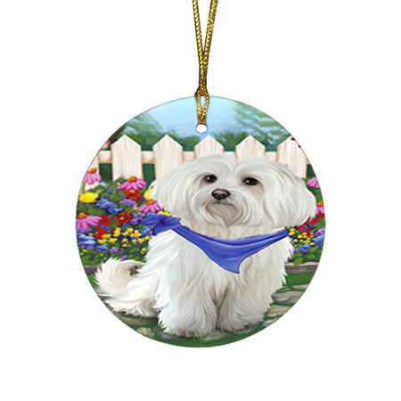 Spring Floral Maltese Dog Round Flat Christmas Ornament RFPOR49901