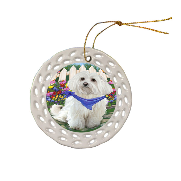 Spring Floral Maltese Dog Ceramic Doily Ornament DPOR49910