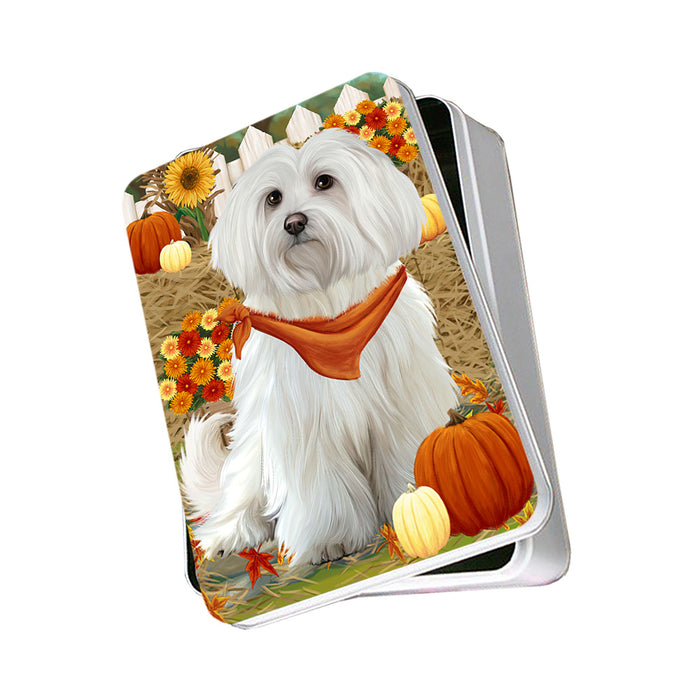 Fall Autumn Greeting Maltese Dog with Pumpkins Photo Storage Tin PITN50778