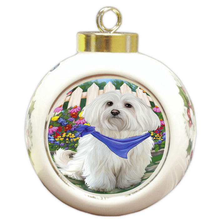 Spring Floral Maltese Dog Round Ball Christmas Ornament RBPOR49910