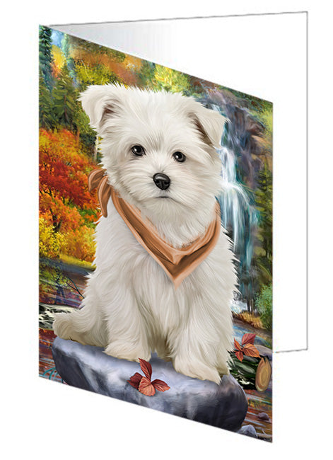 Scenic Waterfall Malteses Dog Handmade Artwork Assorted Pets Greeting Cards and Note Cards with Envelopes for All Occasions and Holiday Seasons GCD52388