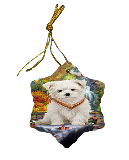 Scenic Waterfall Maltese Dog Star Porcelain Ornament SPOR49479