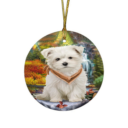 Scenic Waterfall Maltese Dog Round Flat Christmas Ornament RFPOR49478
