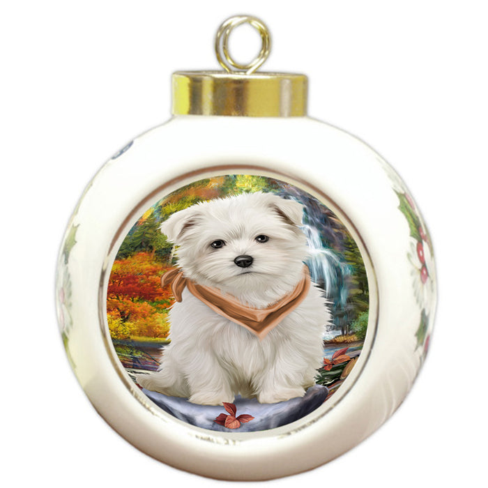 Scenic Waterfall Maltese Dog Round Ball Christmas Ornament RBPOR49487