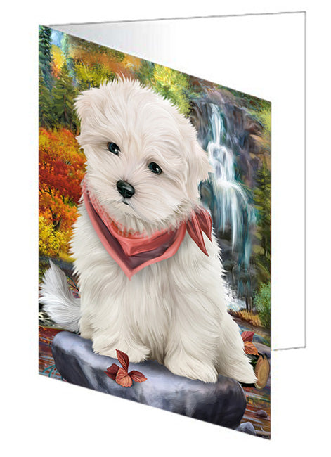 Scenic Waterfall Maltese Dog Handmade Artwork Assorted Pets Greeting Cards and Note Cards with Envelopes for All Occasions and Holiday Seasons GCD52391