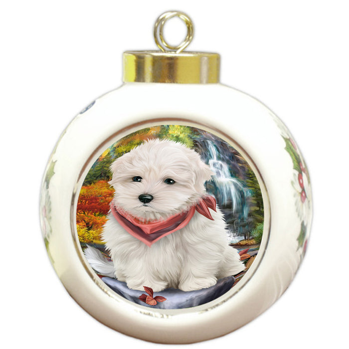 Scenic Waterfall Maltese Dog Round Ball Christmas Ornament RBPOR49488