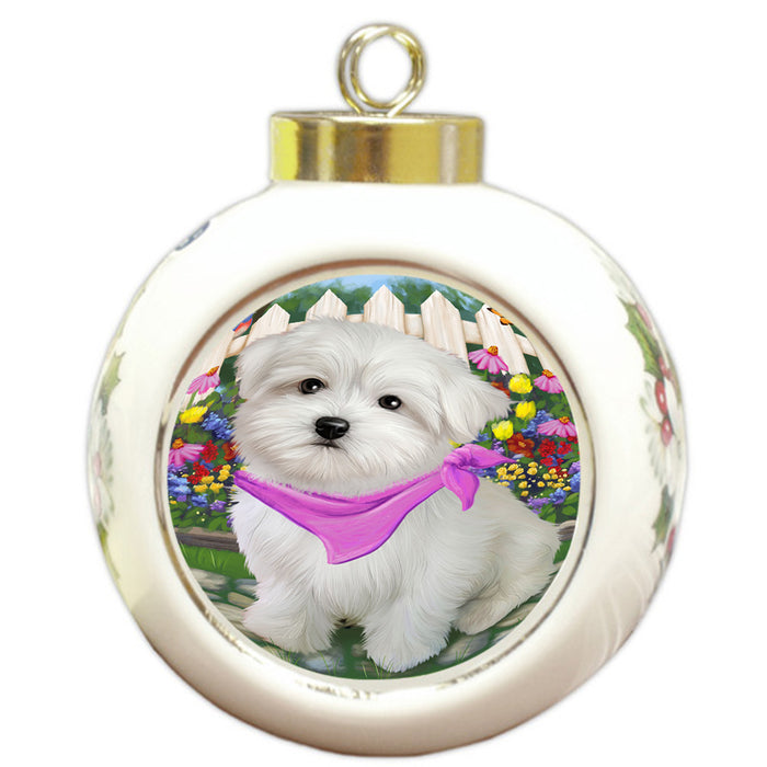 Spring Floral Maltese Dog Round Ball Christmas Ornament RBPOR49912