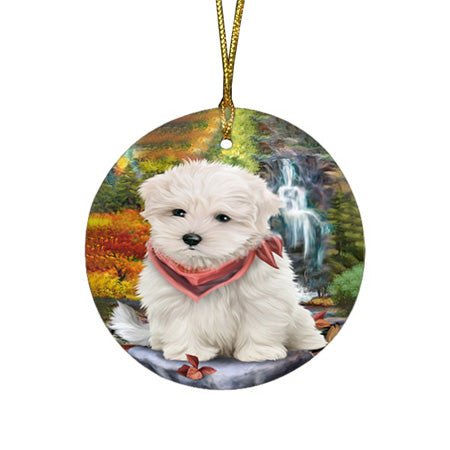 Scenic Waterfall Maltese Dog Round Flat Christmas Ornament RFPOR49479