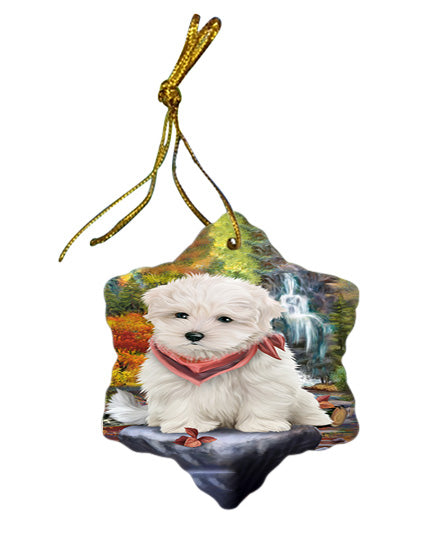 Scenic Waterfall Maltese Dog Star Porcelain Ornament SPOR49480