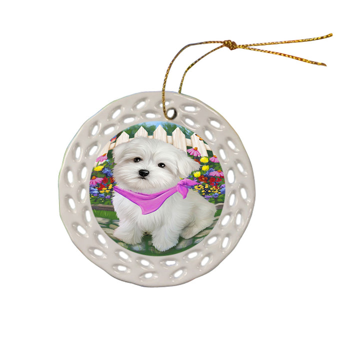 Spring Floral Maltese Dog Ceramic Doily Ornament DPOR49912