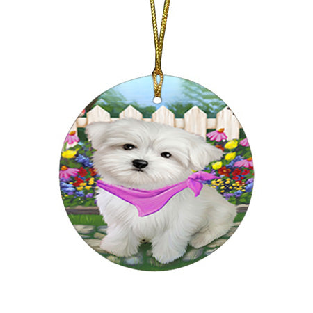 Spring Floral Maltese Dog Round Flat Christmas Ornament RFPOR49903