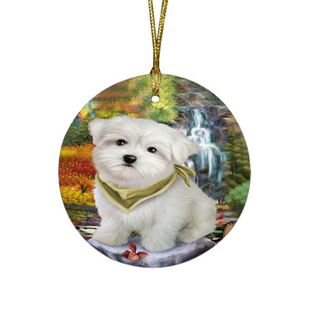 Scenic Waterfall Maltese Dog Round Flat Christmas Ornament RFPOR49480