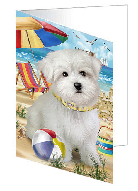Pet Friendly Beach Maltese Dog Handmade Artwork Assorted Pets Greeting Cards and Note Cards with Envelopes for All Occasions and Holiday Seasons GCD54194