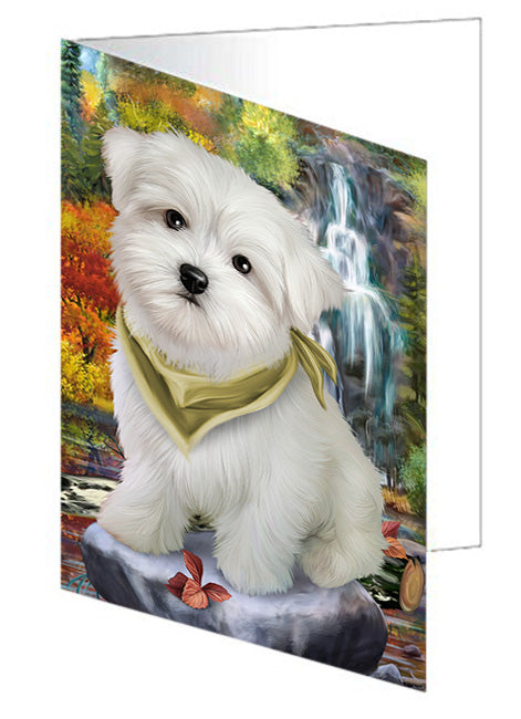 Scenic Waterfall Maltese Dog Handmade Artwork Assorted Pets Greeting Cards and Note Cards with Envelopes for All Occasions and Holiday Seasons GCD52394