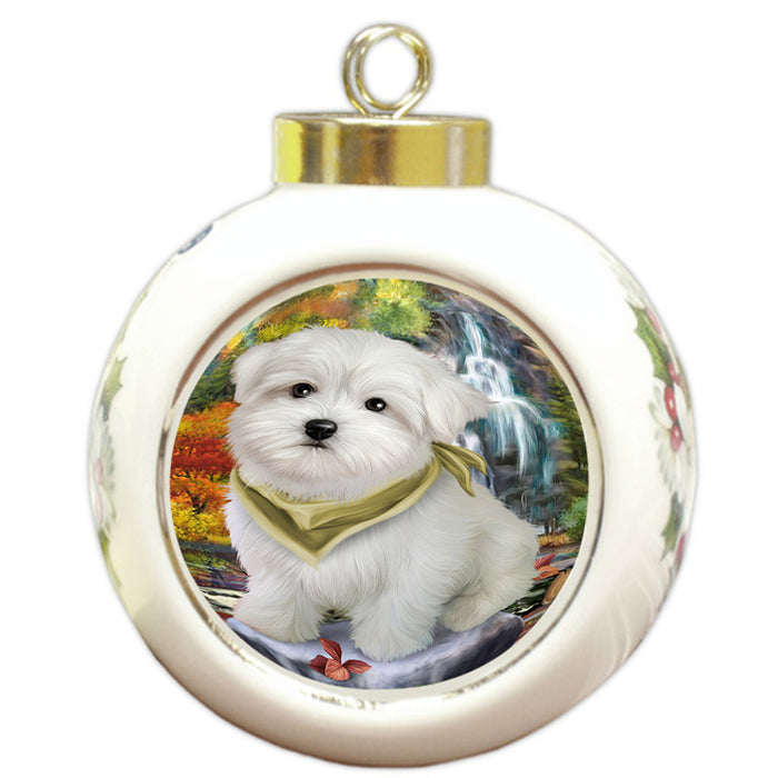 Scenic Waterfall Maltese Dog Round Ball Christmas Ornament RBPOR49489
